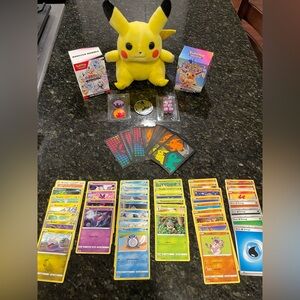 Pokemon Cards with Trading Card Box, Card Sleeves and Pikachu Stuffie